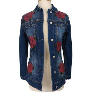LuLaRoe JAXON Jean Denim Jacket Embroidered Red Roses Womens Size xs